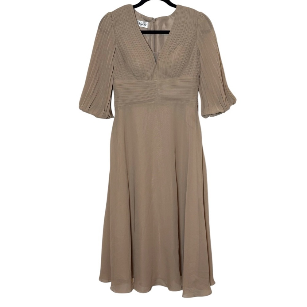 JJs House Taupe Pleated Chiffon V-Neck 3/4  Sleeve Midi Dress with POCKETS